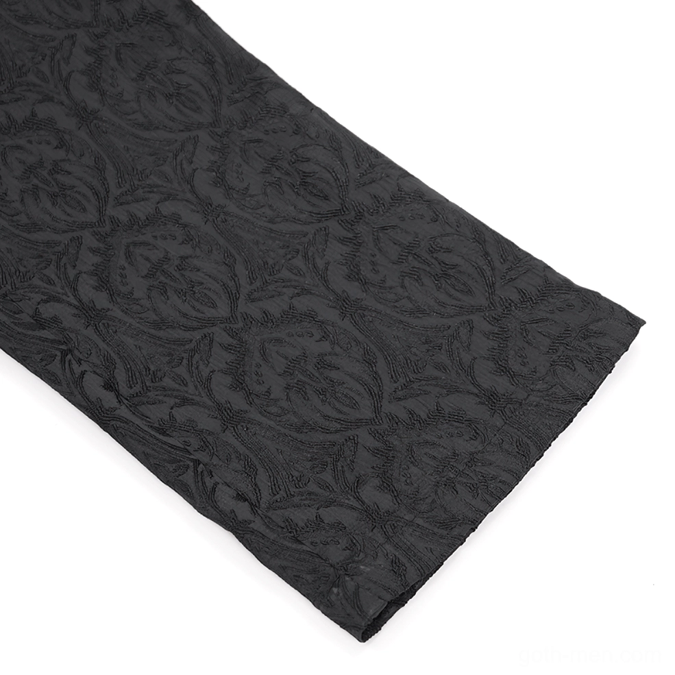 Black damask fabric close-up flat lay, showcasing intricate embossed damask texture, rich solid black color, and premium chenille-polyester blend