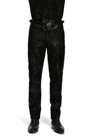 Black damask embroidered gothic slim pants front full-body view worn by male model in studio setting