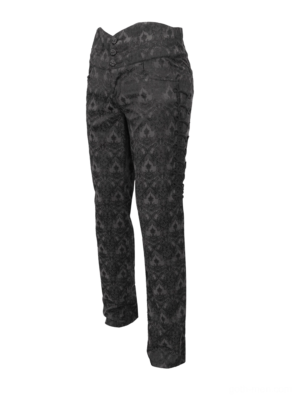 Black damask jacquard gothic trousers front three-quarter angle showing damask pattern and straight leg