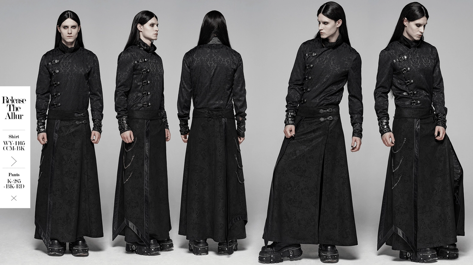 Black damask and leather gothic overskirt complete front view with all chain details visible