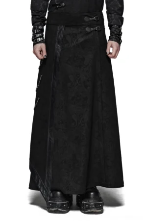 Black damask gothic men's long overskirt with leather trim and chain details - front full-body view