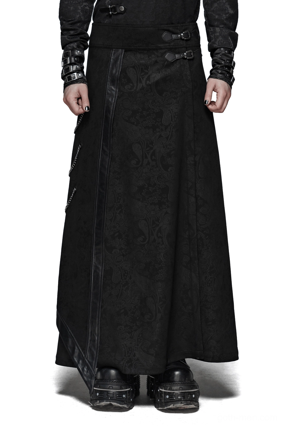 Black damask gothic men's long overskirt with leather trim and chain details - front full-body view