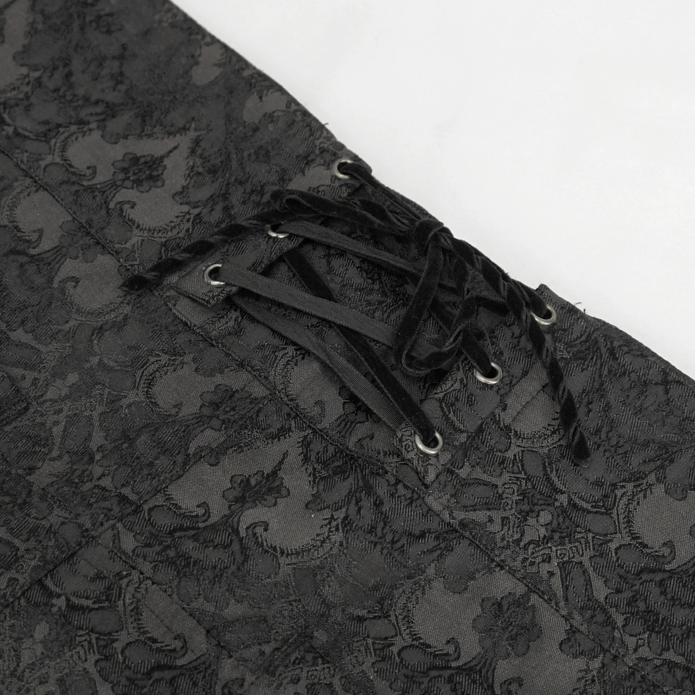 Black damask gothic steampunk trousers detail showing jacquard weave pattern and fabric quality