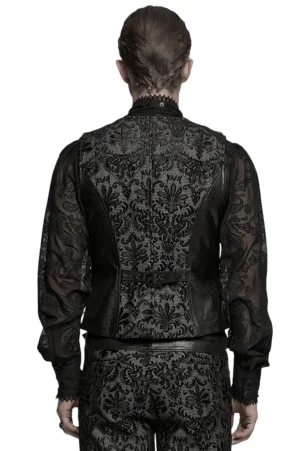 Black gothic embroidered brocade waistcoat back view with adjustable waist strap and faux leather panels