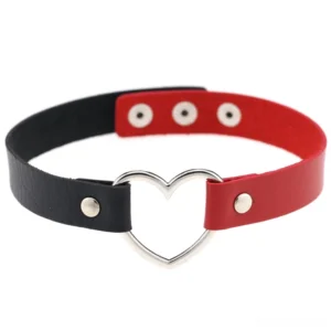 Black and dark red two-tone PU leather heart choker necklace with silver pendant and adjustable snap fastening