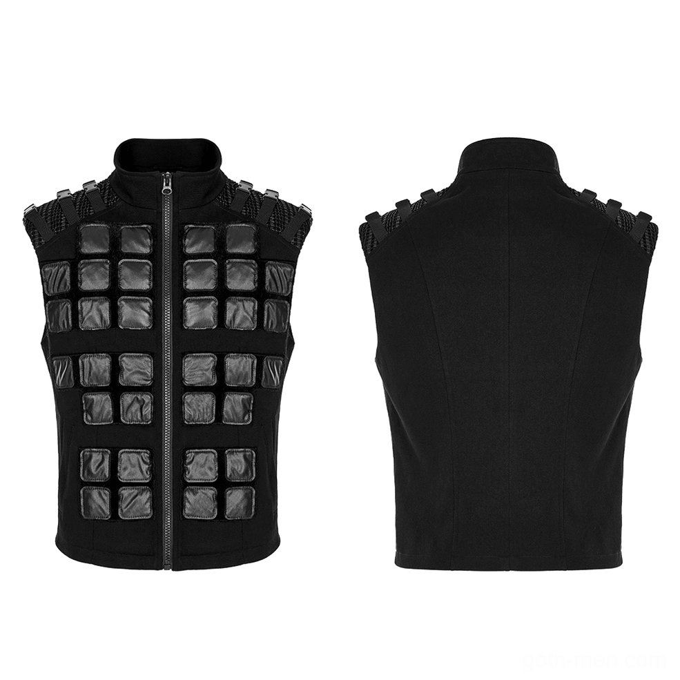 Black denim armor vest with studded shoulder pads, flat lay front and back product display on white background