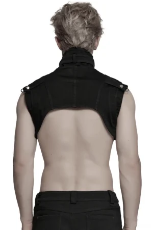 Rear view of gothic denim shoulder cape showing back hollow cutout, buttoned shoulder straps, and structured silhouette