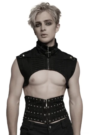 Front view of black denim shoulder cape with high stand collar, cross front zipper, and hollow torso cutout on male model
