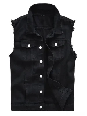 Black denim gothic vest front view - sleeveless waistcoat with frayed armholes and metal button closure, featuring dual chest flap pockets