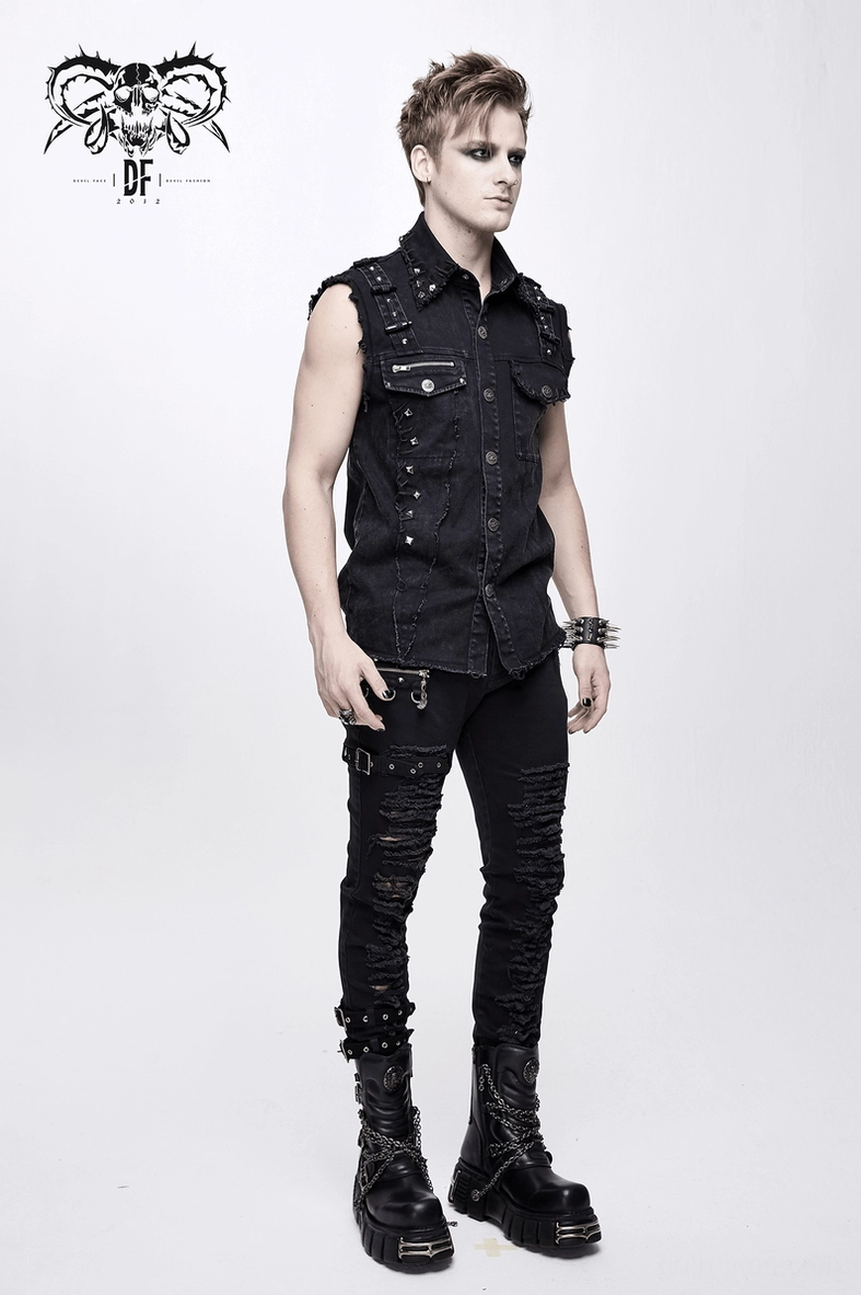 Black denim gothic vest three-quarter view displaying all design elements and proportions