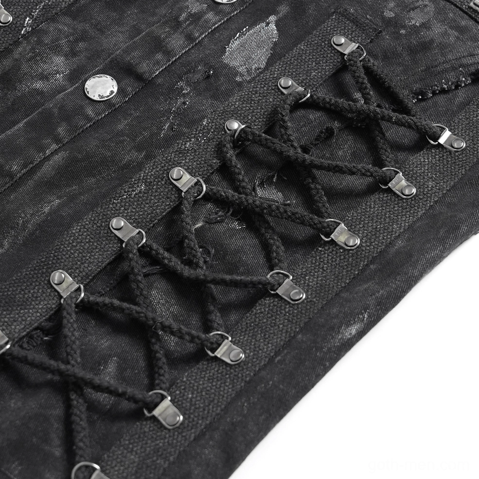 Black lace-up denim shirt showing side closure system with silver studs and adjustable lacing for goth punk style