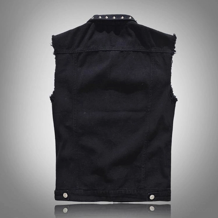 Back view of black denim studded sleeveless waistcoat with stud collar detail