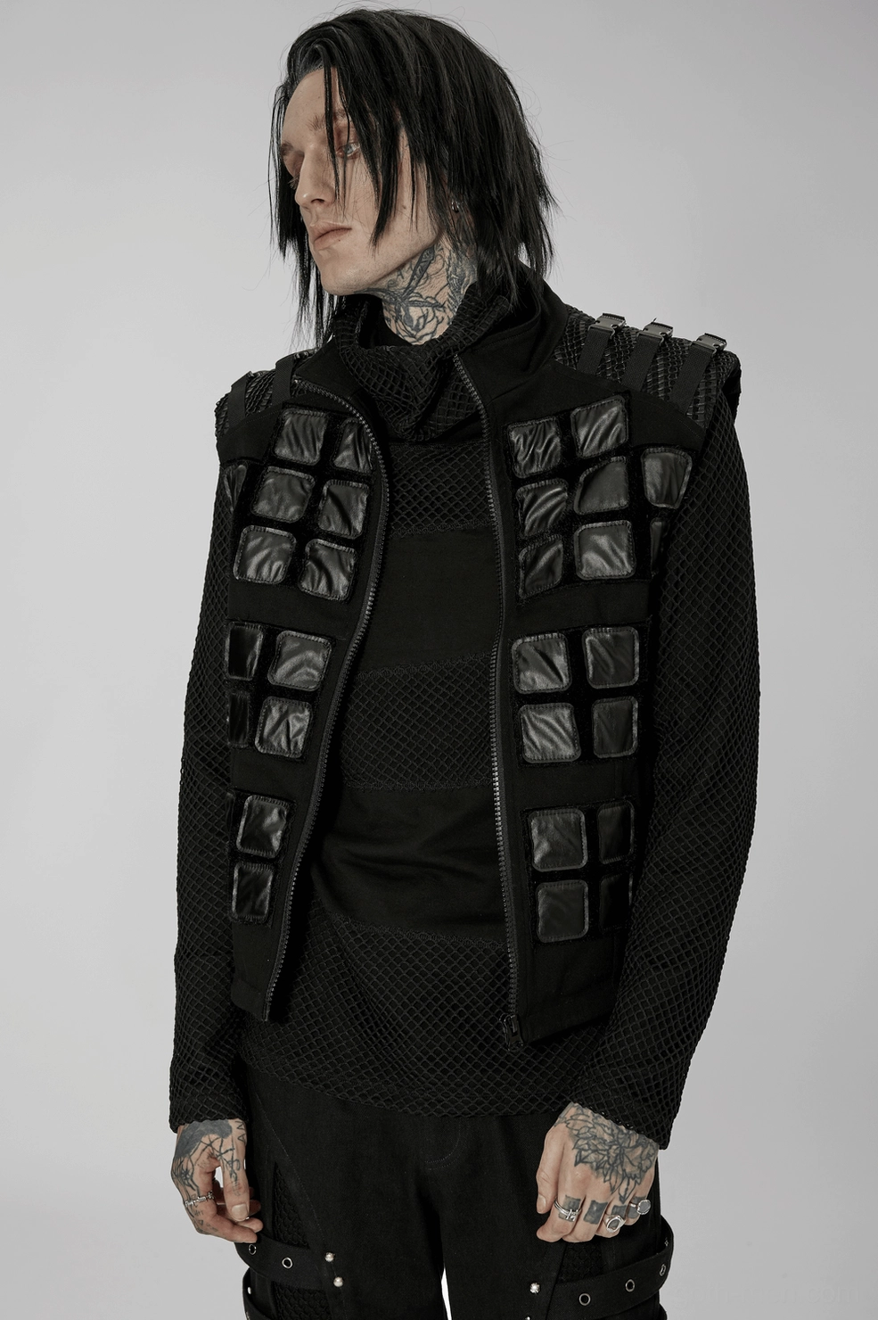 Black denim tactical armor vest main product image showing full front design with studded shoulders and zipper closure