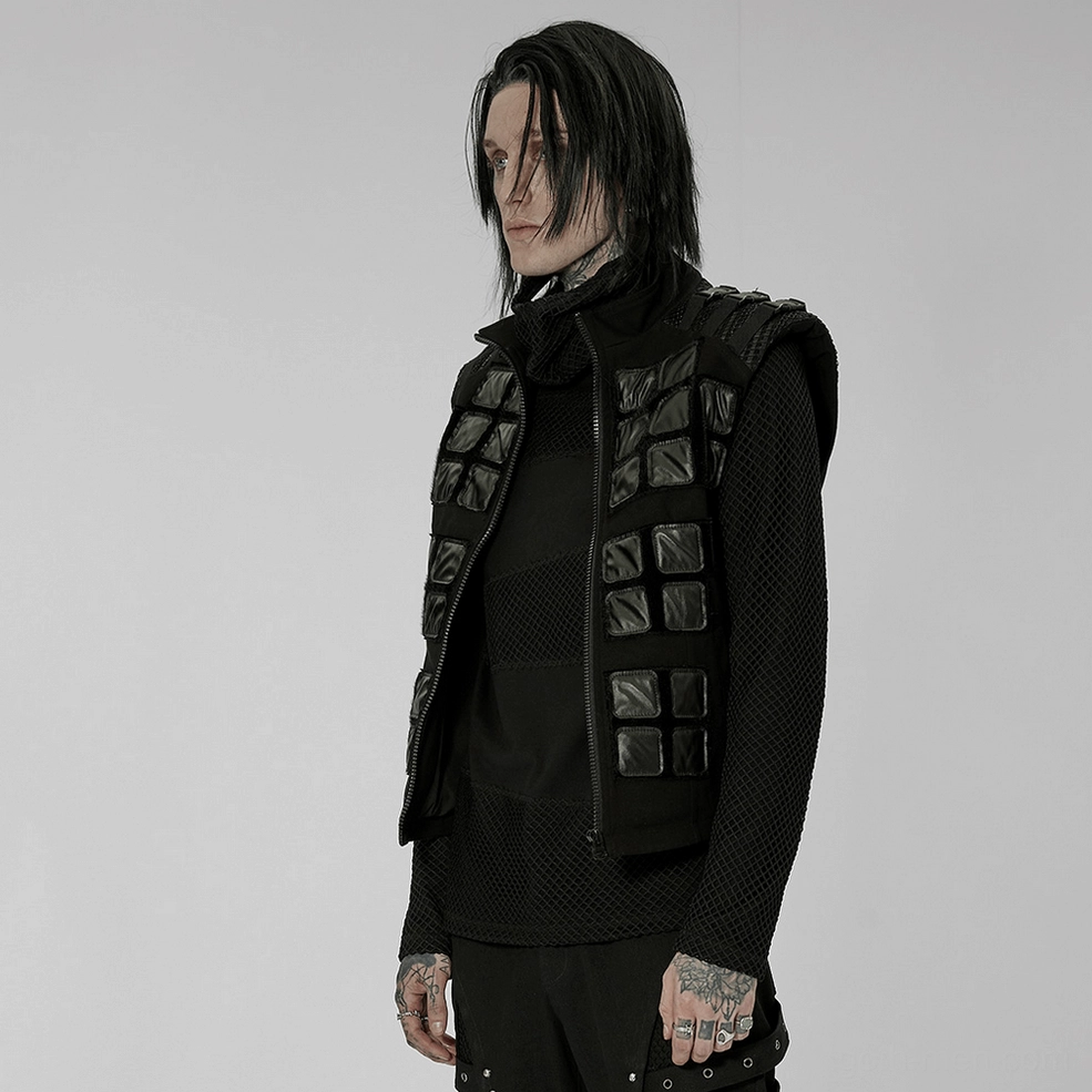 Black denim tactical armor vest styled product display showing geometric shoulder structure and overall silhouette