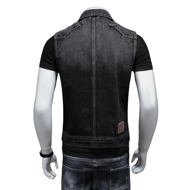 Black denim gothic vest rear view showcasing yoke panel design and authentic faded wash detail