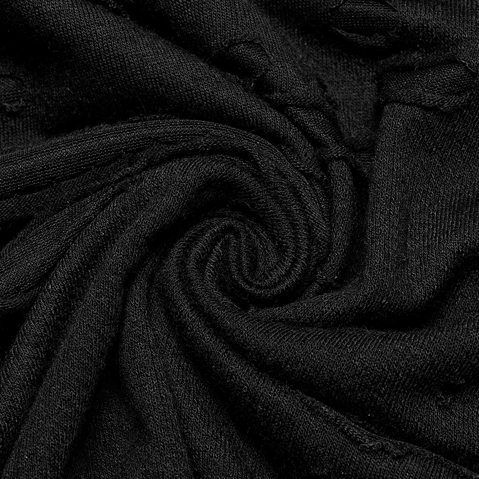 Black destructed knit sweatshirt with removable loops and metal D-rings - alternative goth fashion styling reference