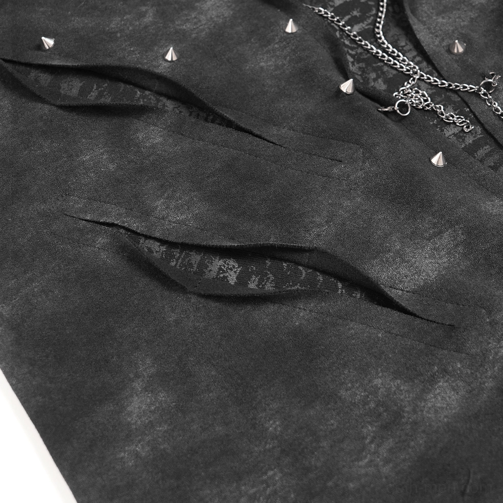 Black distressed chain gothic long sleeve top showing all design elements and hardware
