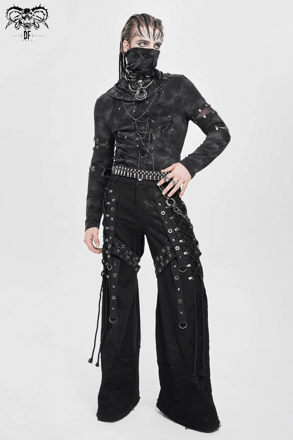 Alternative angle of black distressed chain gothic long sleeve top showing design variation
