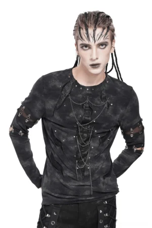 Black distressed chain gothic long sleeve top with mesh cutout straps front view on male model