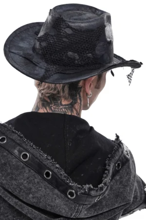 Gothic cowboy hat back view showing distressed mesh details and worn black faux leather finish on male model