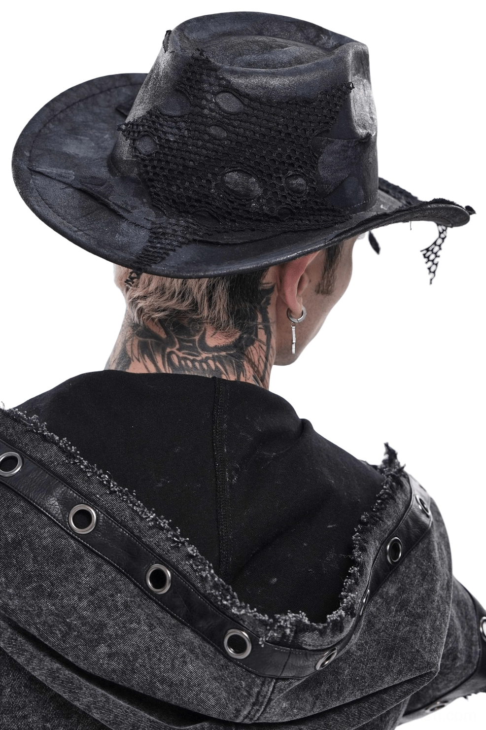 Gothic cowboy hat back view showing distressed mesh details and worn black faux leather finish on male model