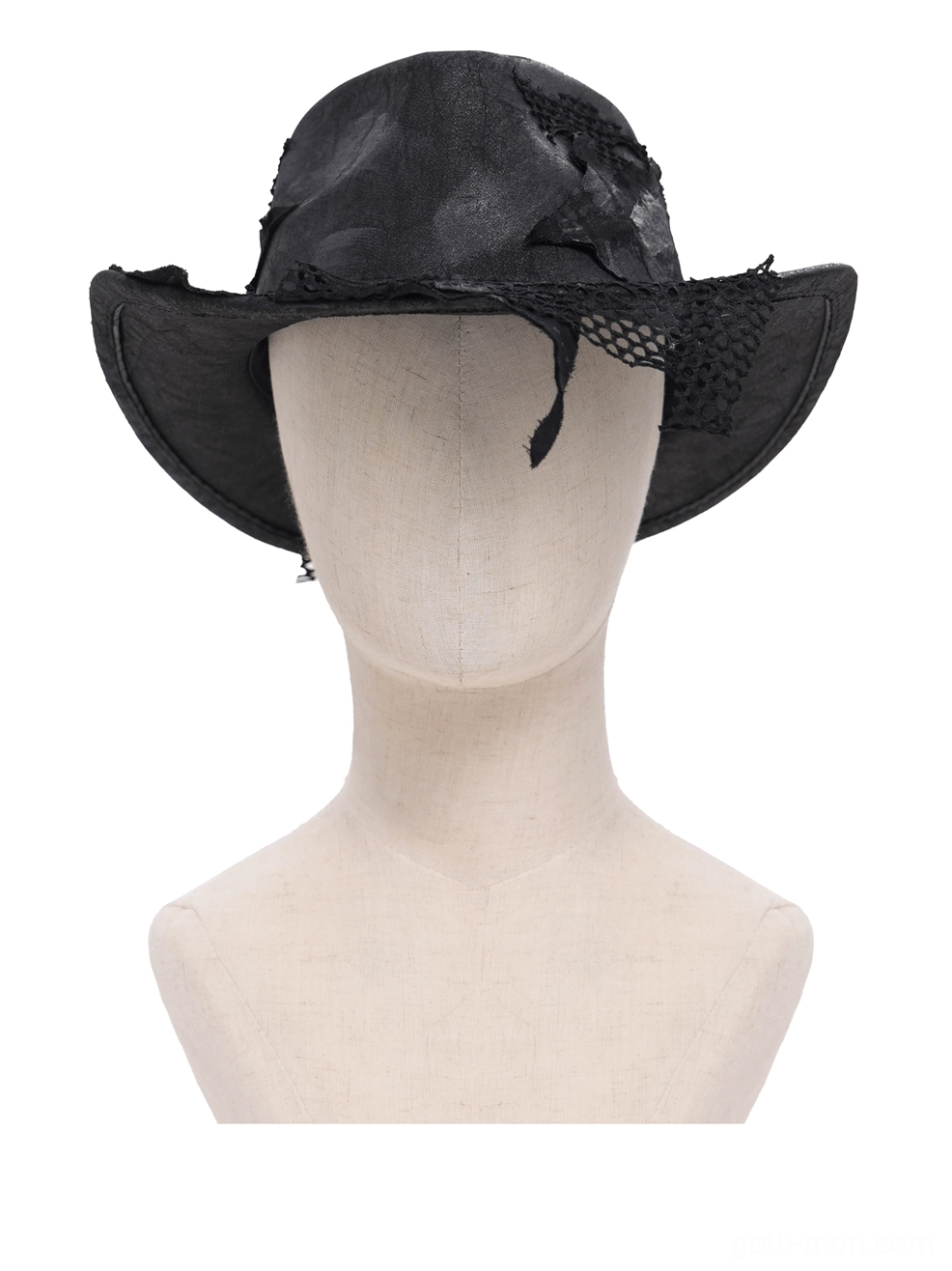 Black distressed cowboy hat front view on mannequin head displaying side fishnet patch detail