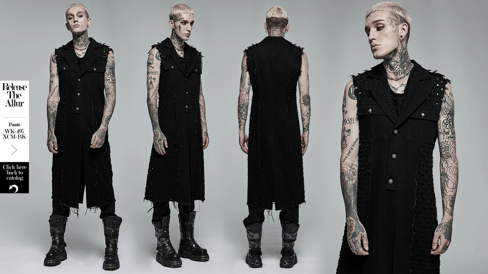 Primary product image of black distressed gothic cape with mesh cutouts, spike lapels, and frayed detailing