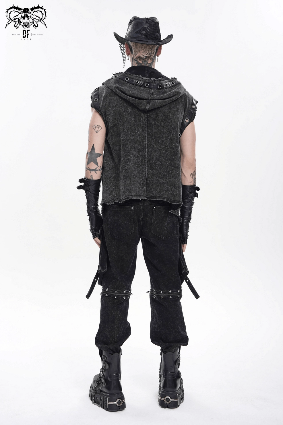 Black distressed gothic cowboy hat main product shot showcasing complete design with fishnet mesh and faded finish