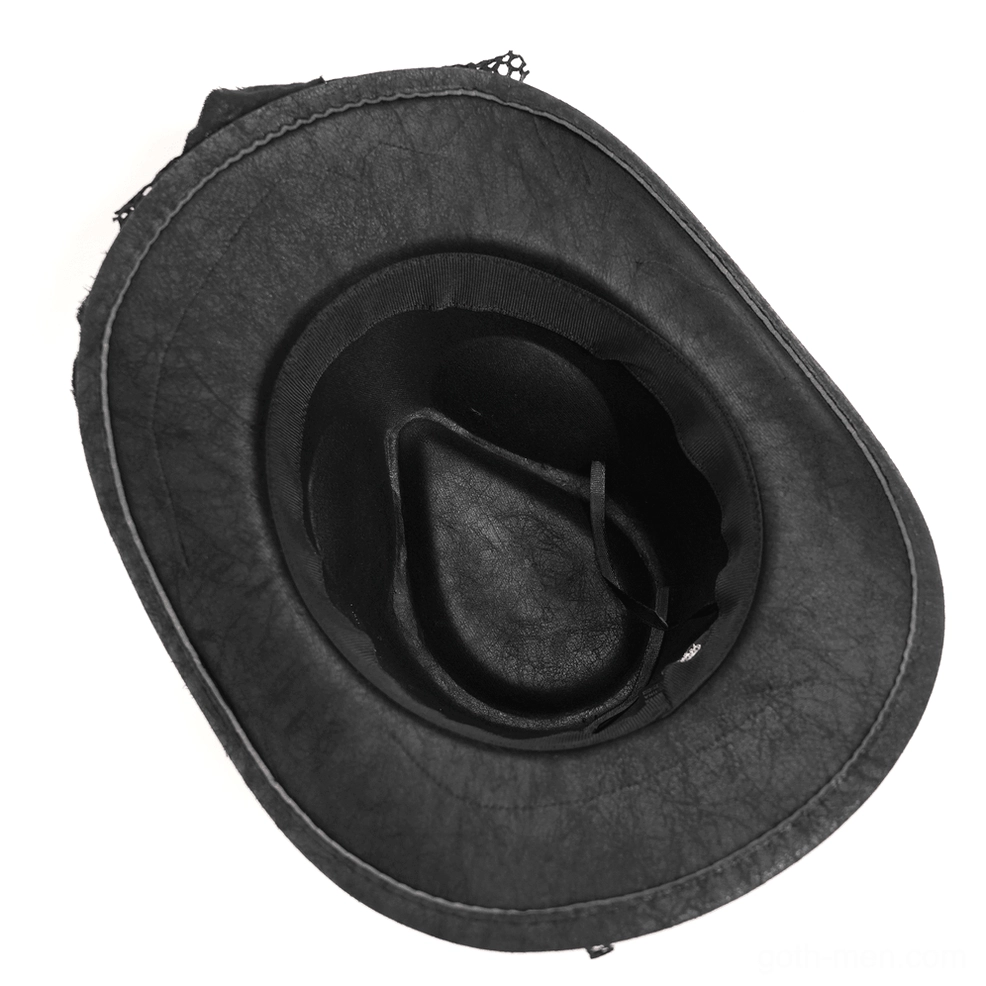 Black distressed gothic cowboy hat overhead view displaying crown structure and complete brim architecture