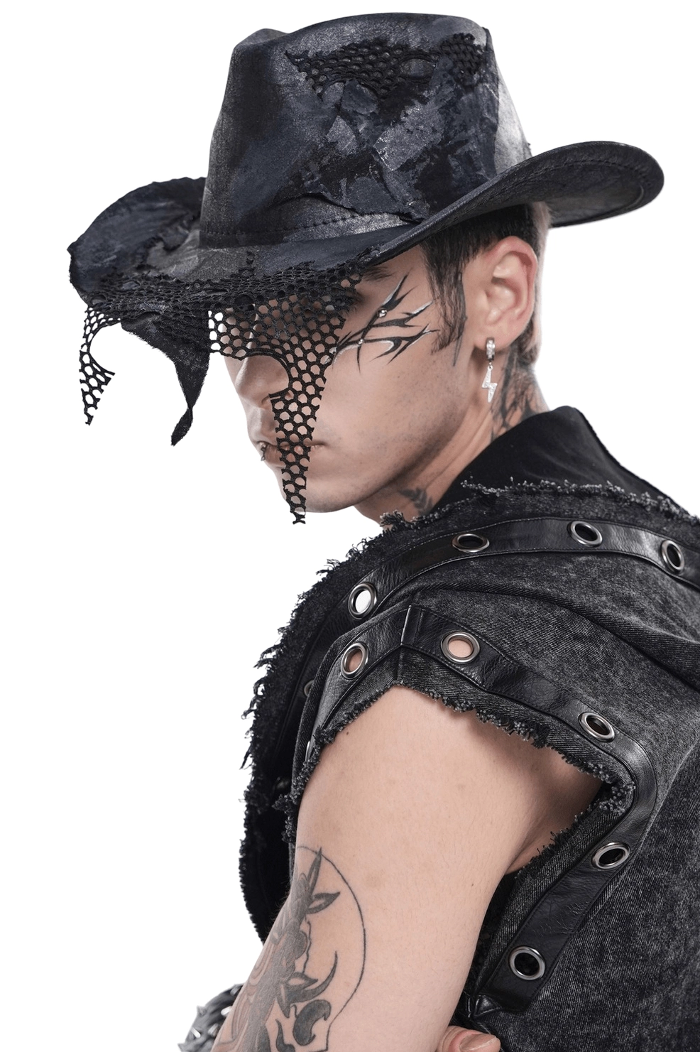 Black distressed gothic cowboy hat with fishnet mesh patches, side profile view on male model with alternative styling