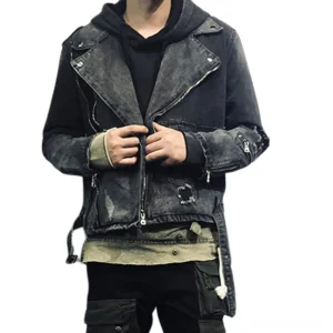 Black distressed gothic denim jacket front view on male model featuring asymmetric zipper and ripped details - alternative rock style outerwear