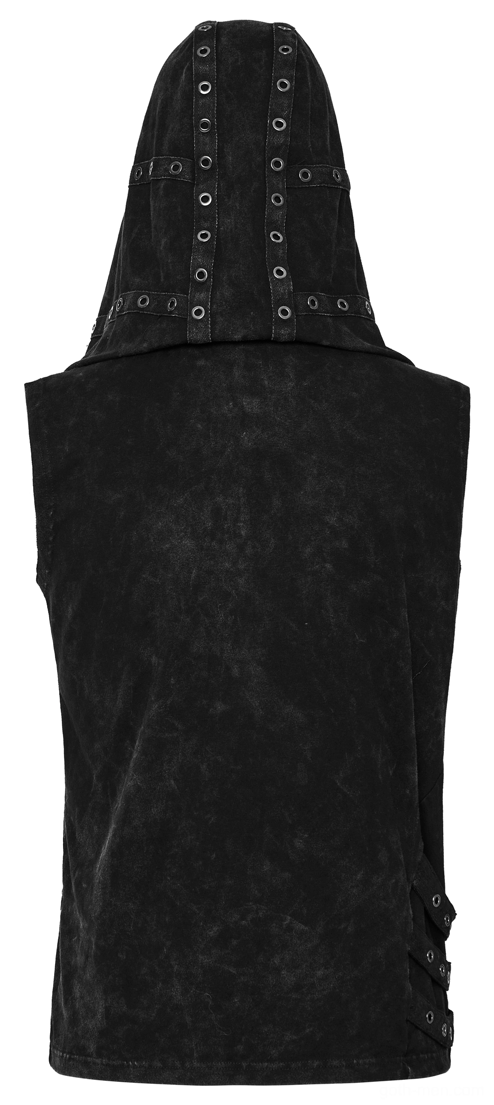 Back flat lay view of black distressed gothic hooded vest displaying weathered fabric and side eyelet strap details