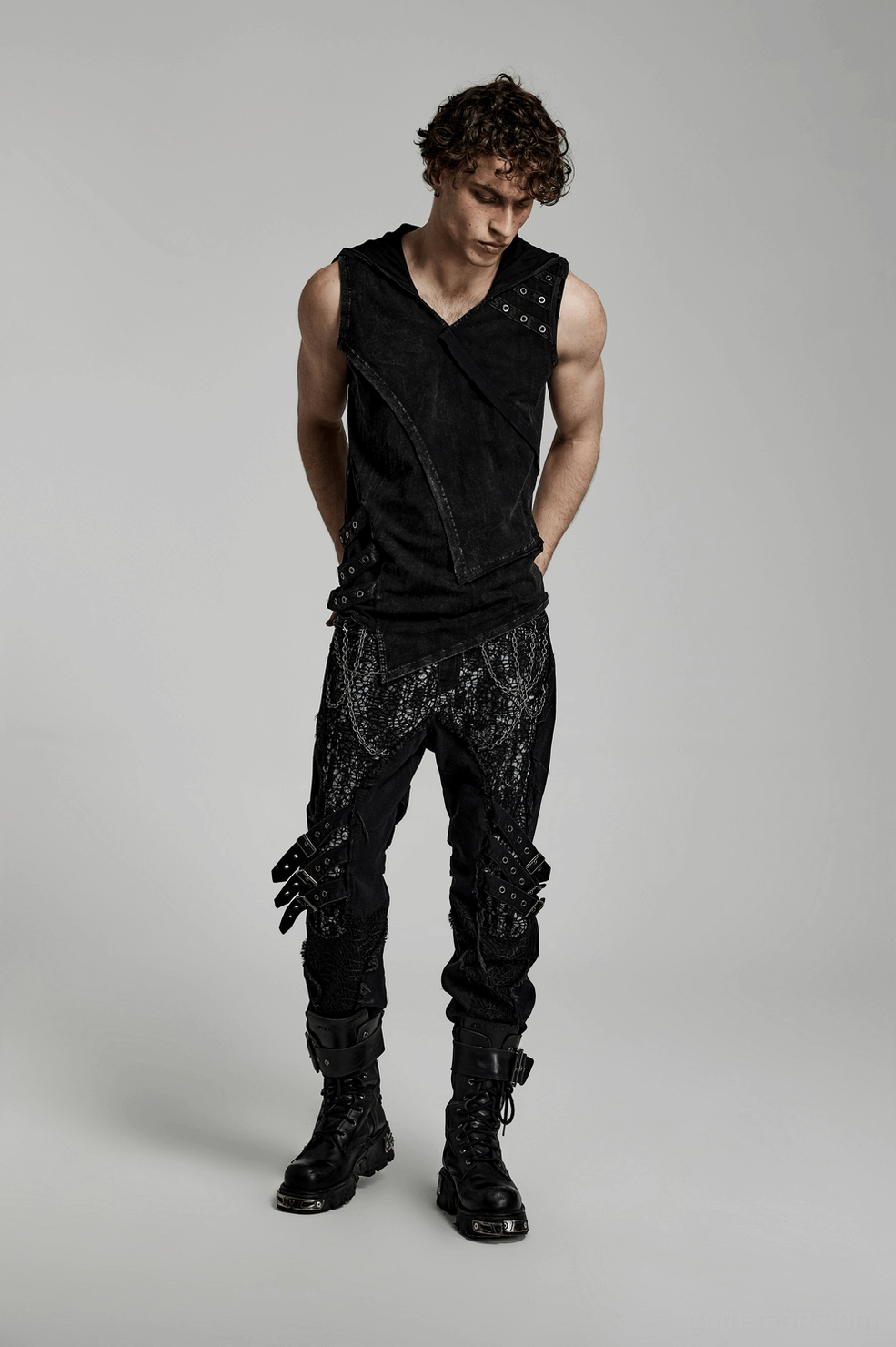 Black distressed gothic hooded vest complete view highlighting all design features including hood, eyelets, and asymmetrical front