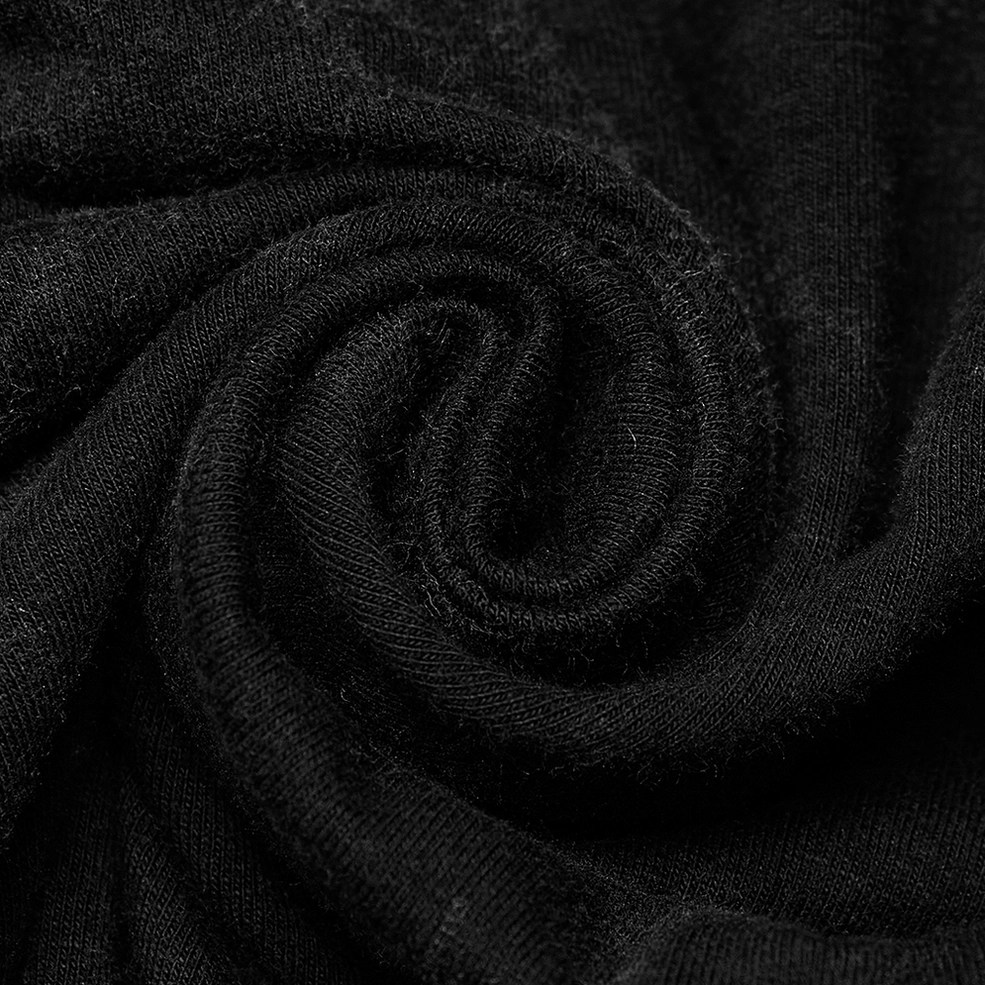 Black distressed gothic hooded vest showing overall construction quality, asymmetrical double-layer front, and metal hardware details