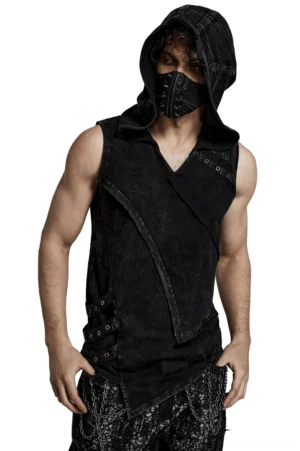 Black distressed gothic hooded vest with asymmetrical front panel and metal eyelets - front three-quarter view worn by model