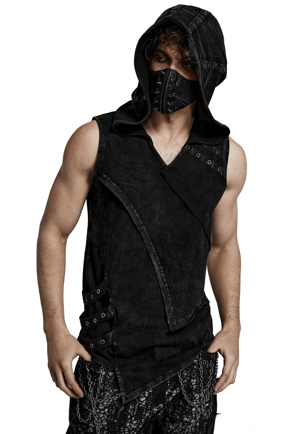 Black distressed gothic hooded vest with asymmetrical front panel and metal eyelets - front three-quarter view worn by model