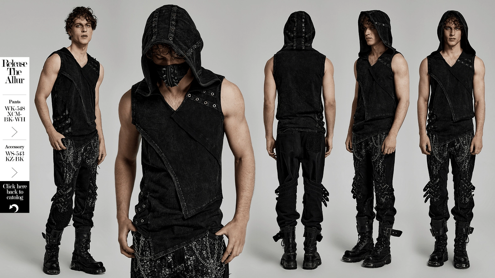Black distressed gothic hooded vest full length display showing slim-fit cut, metal eyelet details, and weathered fabric finish