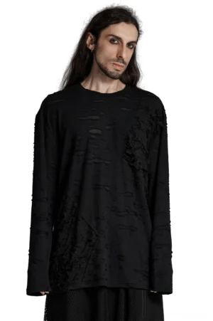 Black distressed gothic knit sweater front view on male model with long tattered layered design, full-length sleeves