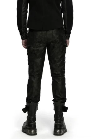 Black distressed gothic slim pants rear view showing faded textured fabric and industrial styling