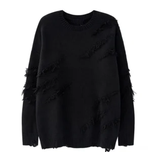 Black oversized distressed gothic knit jumper front view with frayed decorative patterns