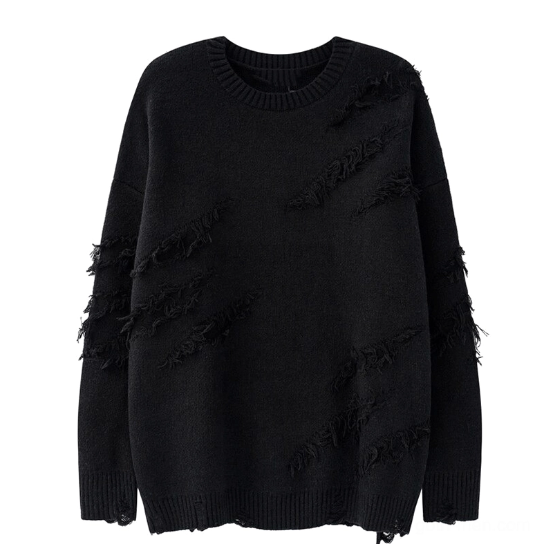Black oversized distressed gothic knit jumper front view with frayed decorative patterns