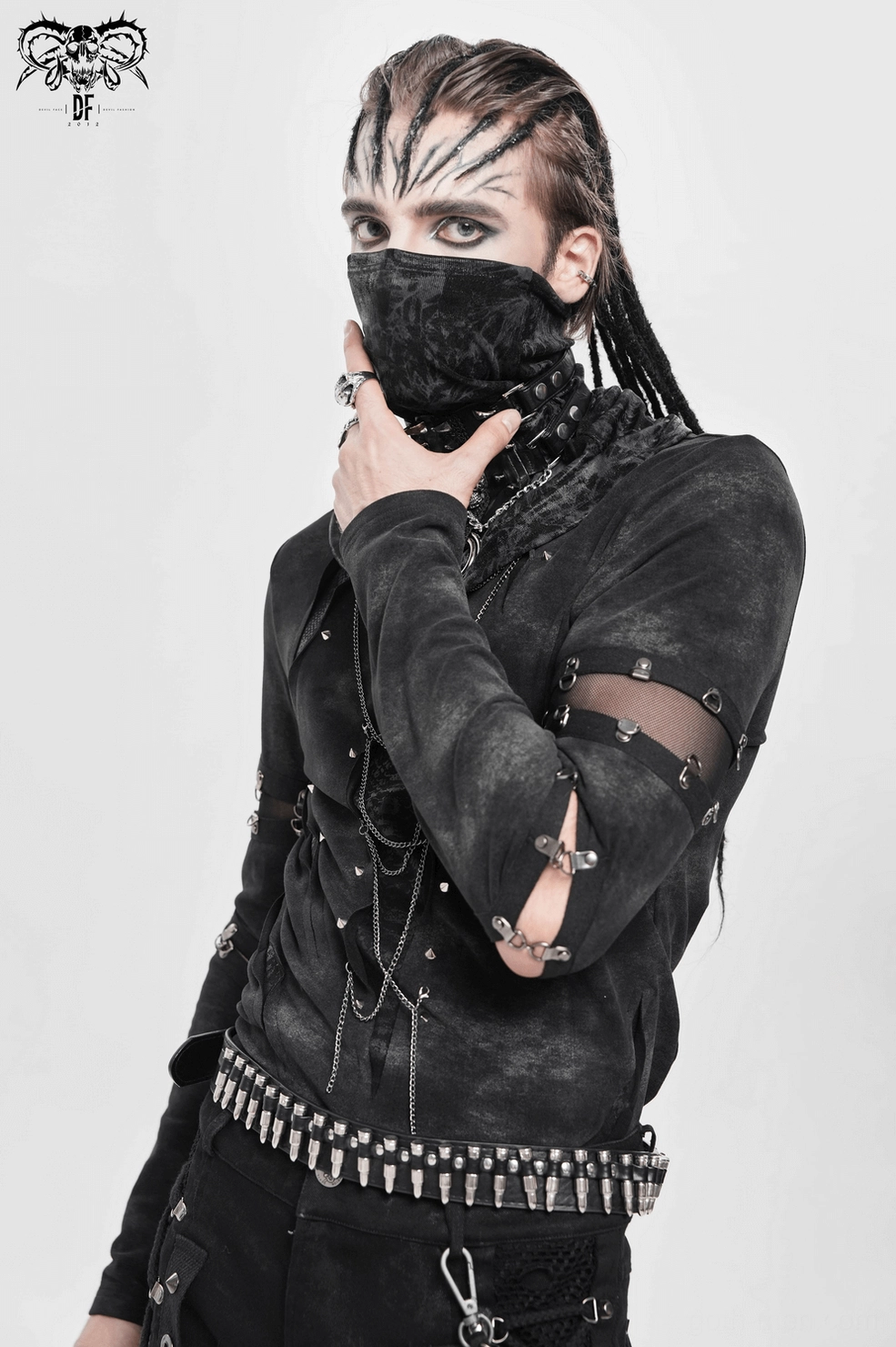 Close-up of mesh and cutout details on black distressed gothic long sleeve top