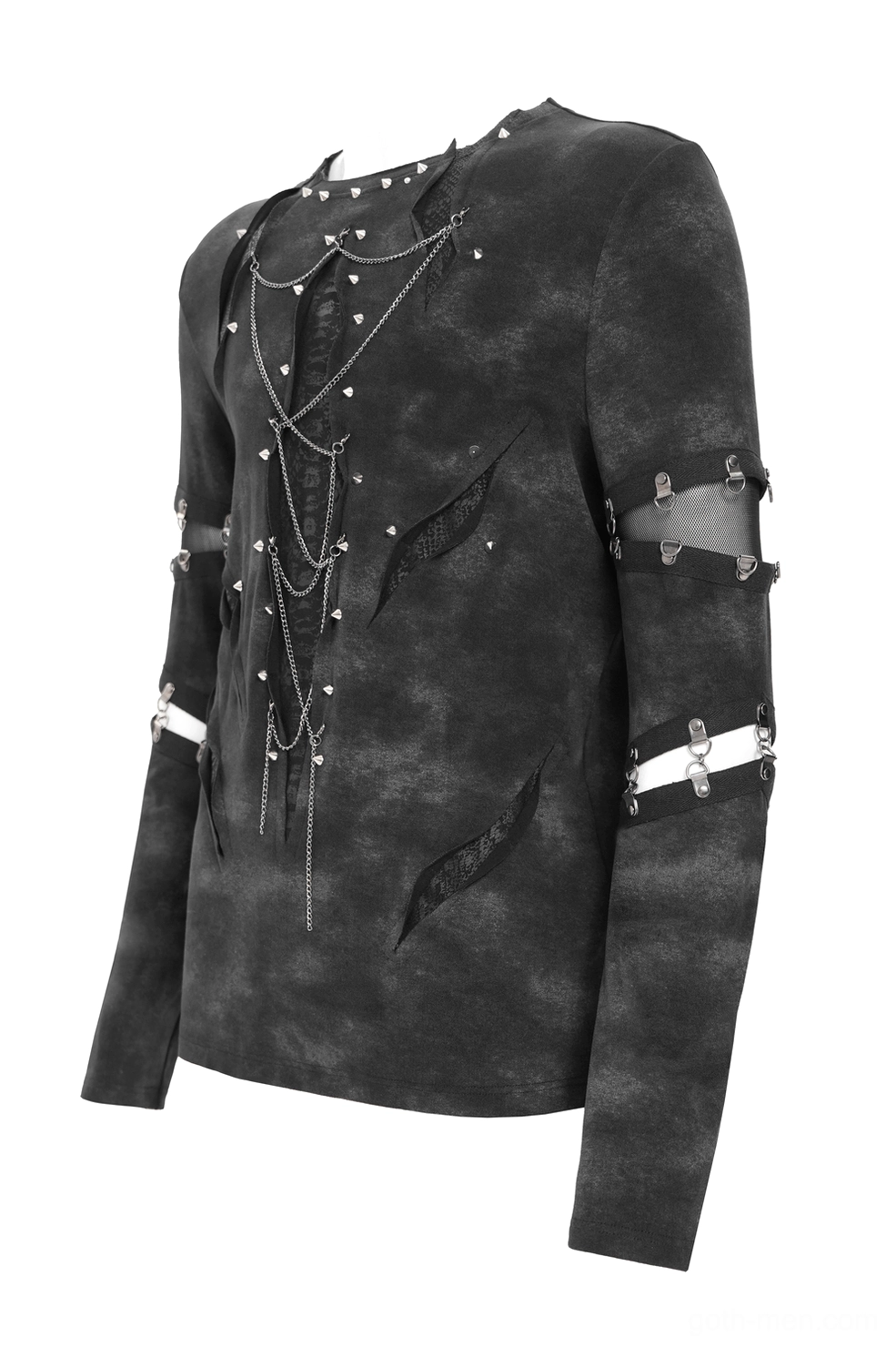 Side three-quarter view of black distressed gothic top showing chain front decoration and cutout straps