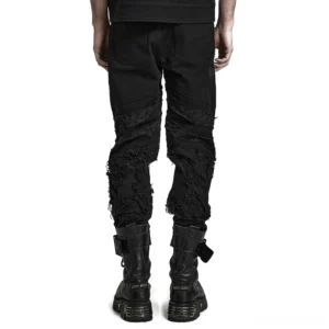Black distressed gothic trousers rear view showing back pockets and frayed leg details