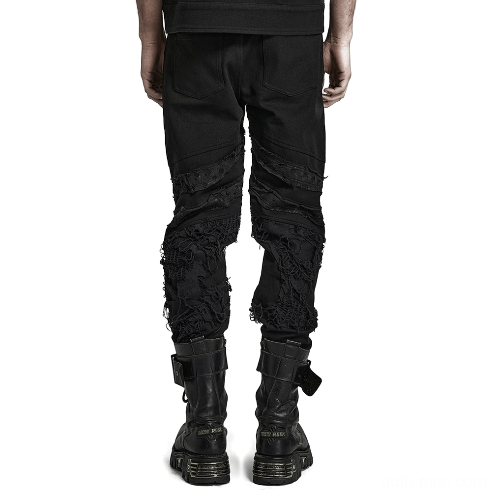 Black distressed gothic trousers rear view showing back pockets and frayed leg details
