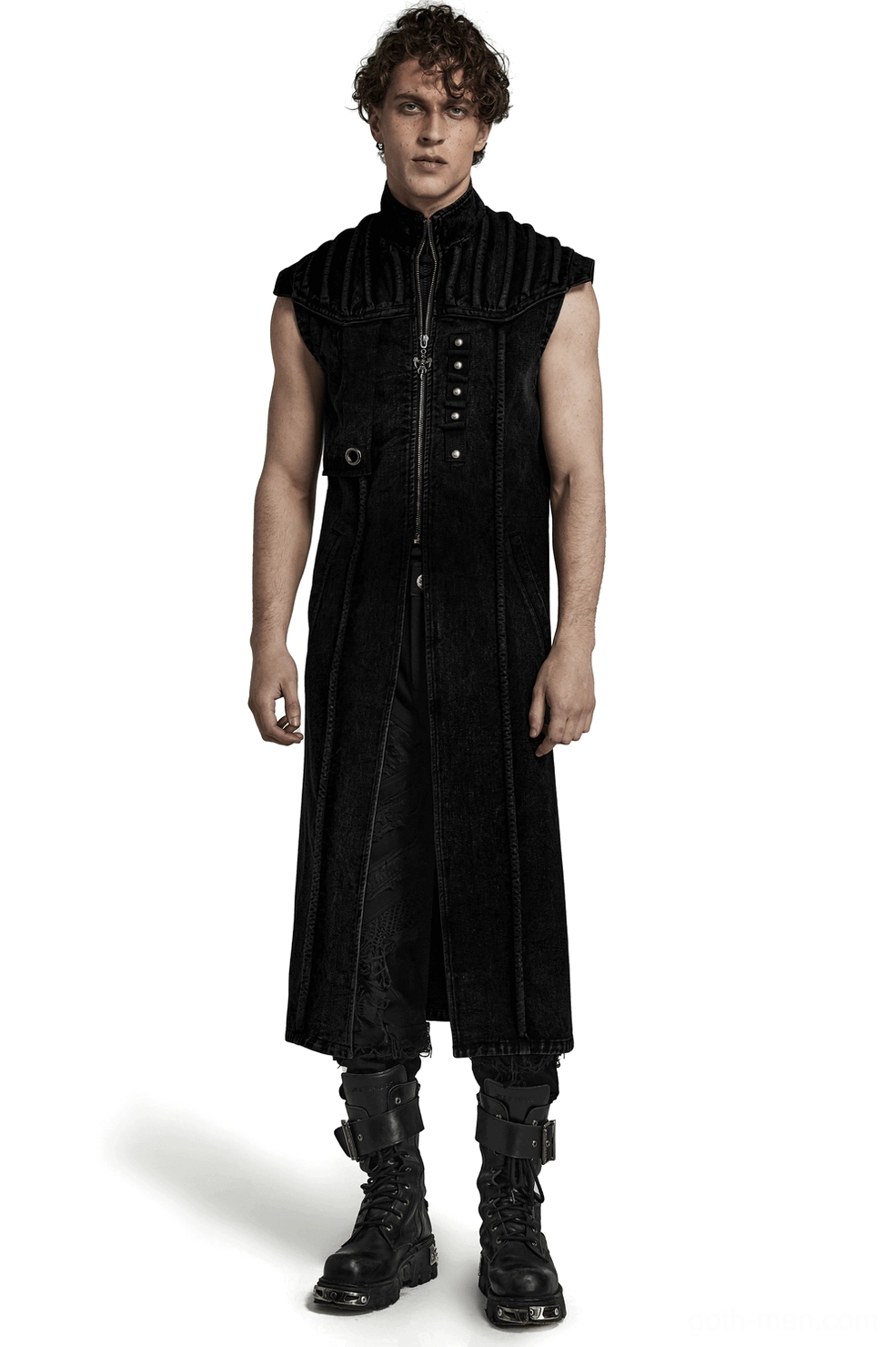Black distressed long denim gothic vest front view on male model with skull zipper and rivet details