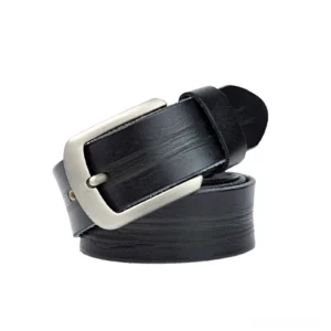 Black genuine leather gothic men's belt with distressed vintage finish and matte silver pin buckle, showing authentic aged leather grain and texture
