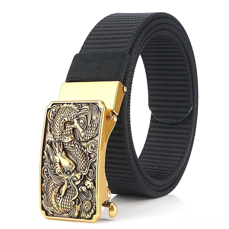Black tactical nylon belt with gold-toned embossed dragon buckle front side view showing woven nylon construction