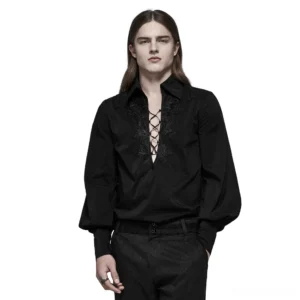 Black gothic dragon lace dress shirt front view on male model with long hair, featuring translucent jacquard lace chest panel and billowy bishop sleeves