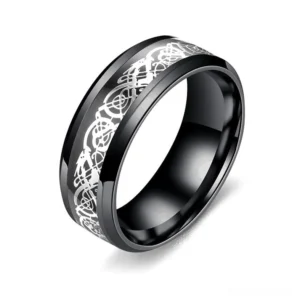 Black stainless steel dragon gothic ring front view with Celtic engraving and silver inlay detail